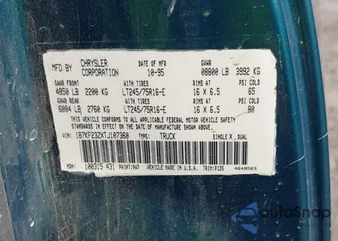 1996 Dodge Ram 2500 z USA, uszkodzony, nr VIN 1B7KF23ZXTJ107360